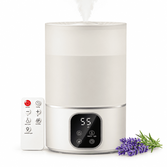 KTO Humidifier for Bedroom, 4L Ultrasonic Cool Mist Top Fill Aroma Diffuser Humidifiers 25dB Quiet Remote Timer for Home, Office, Baby Bedroom, White