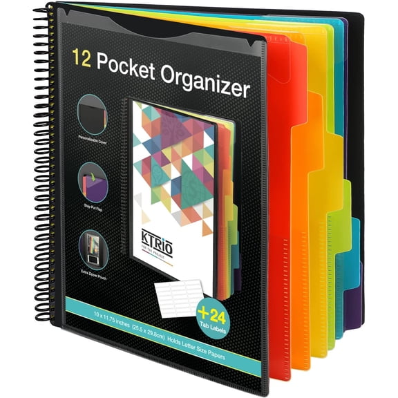 KTRIO 12 Pocket Project Organizer, Letter Size Spiral Binder, Black | 12 Pocket Storage, Letter Size Fit, Water-Resistant Poly, Zip Pouch Included, Writable Color Tabs