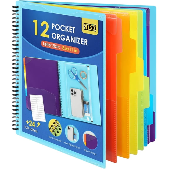 KTRIO 12 Pocket Project Organizer, Letter Size Spiral Binder, Blue | 12 Pocket Storage, Letter Size Fit, Water-Resistant Poly, Zip Pouch Included, Writable Color Tabs