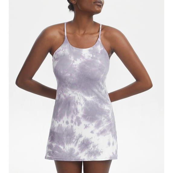 KUACUA Women's Sleeveless Workout Dress, Built-in Bra & Shorts with Pockets, Athletic Dress for Golf Sportwear Tennis Dress Tie Dye Purple