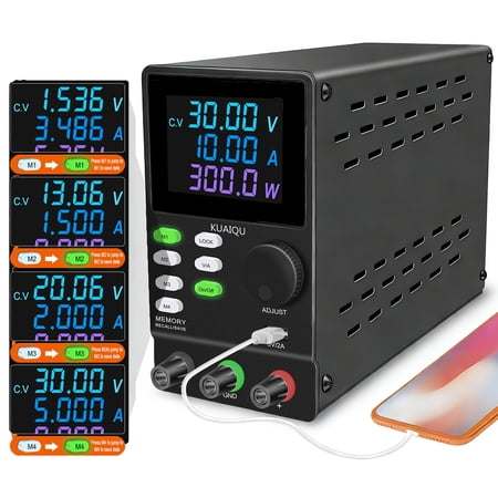 Kuaiqu DC Power Supply variable 30V 10A Bench Top Power Supply,with 4-Group Memory Color 4-Digit LCD Display Encoder Knob Output Switch for Battery charging Repair SPPS3010D