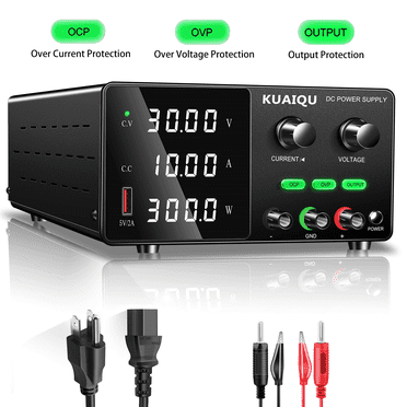 KUAIQU DC Power Supply Variable 30V 10A Adjustable Regulated DC Bench Power Supply with Encoder Output Switch and OCP/OVP Benchtop Lab Power Supplies 4-Digit LED Display with USB Quick Charge Metal