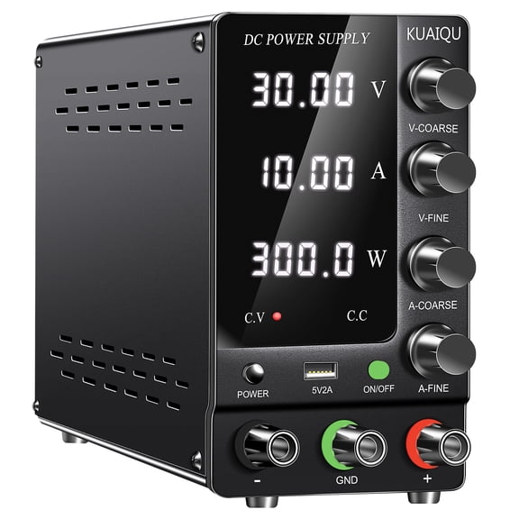 KUAIQU DC Power Supply Variable 30V 10A Adjustable Switching Regulated DC Bench Power Supply with 5V/2A USB Port Output Switch 4-Digit LED Display Lab Power Supply for Battery Charging