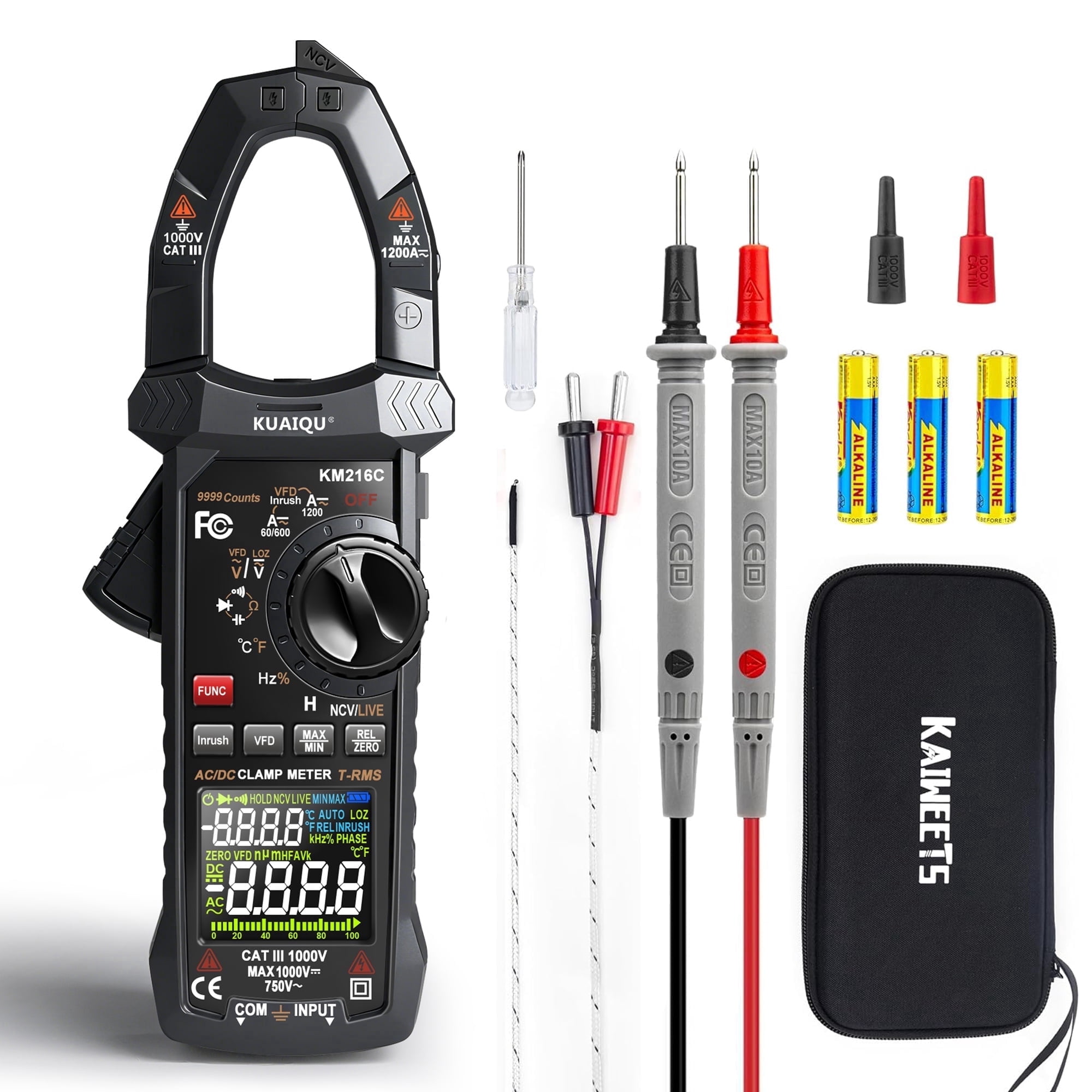 Kuaiqu Digital Clamp Meter KM216C T-RMS 9999 Counts 1200A AC/DC Current Amp Volt Meter  with VFD LOZ Mode Inrush NCV Temperature Resistance Capacitance Continuity