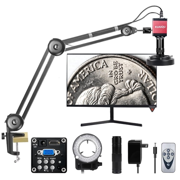 Kuaiqu Digital Microscope Camera 13MP 1080P VGA Industrial Video Microscope 150X Zoom C-Mount Lens Foldable Stand LED Ring Light Soldering Microscopes for Electronics Repair