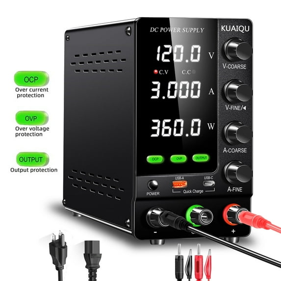 KUAIQU OCP OVP DC Adjustable Laboratory Power Supply 120V 3A Output Switch USB-A TYPE-C Port Fast Charging 120V