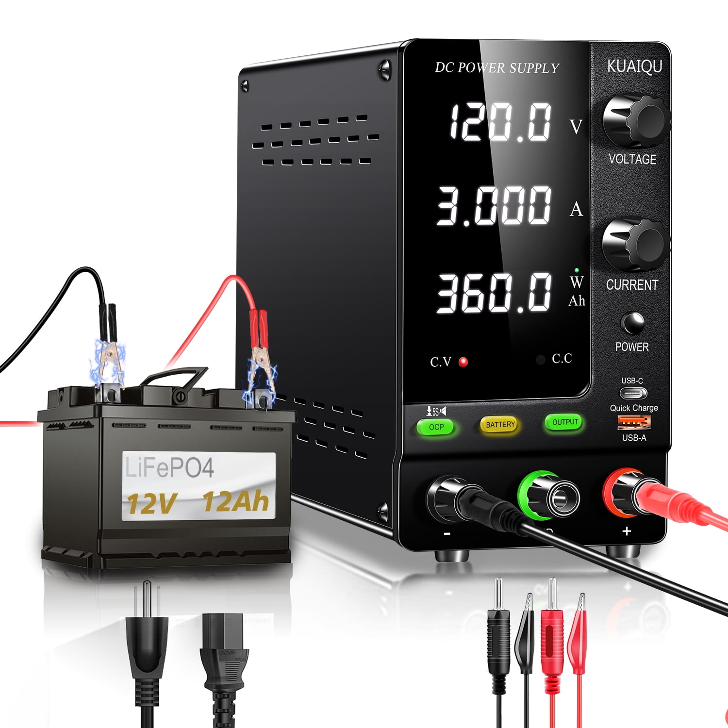 KUAIQU Variable DC Power Supply Benchtop Power Supply, Variable Power Supply with Output Pushbuttons and Encoder, USB Quick Charge Port, OCP Short Circuit Alarm, Programmable Mute (120V 3A Black)
