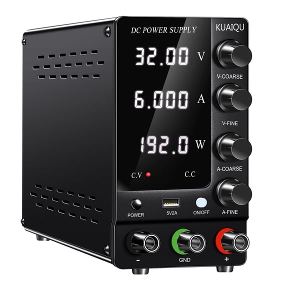KUAIQU DC Power Supply Variable 32V 6A 192W Adjustable Lab Power Supply with Output Switch 4-Digit LED Display 5V2A USB Port for Battery Charging DIY Makers Electronic Repair Bench Top Power Supply