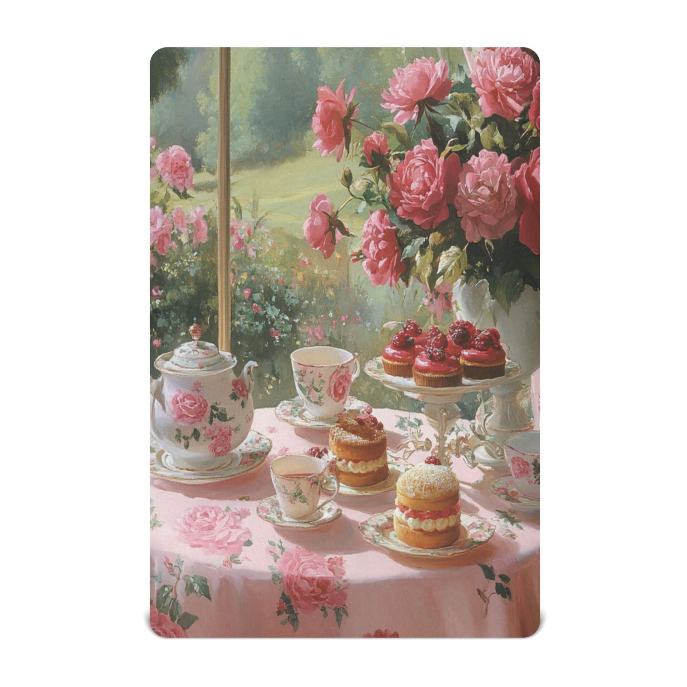 KUANGWANG Ultra Soft Fitted Microfiber Crib Sheets for Newborn Baby Boys Girls Tea Set with Roses Design Cute Pattern