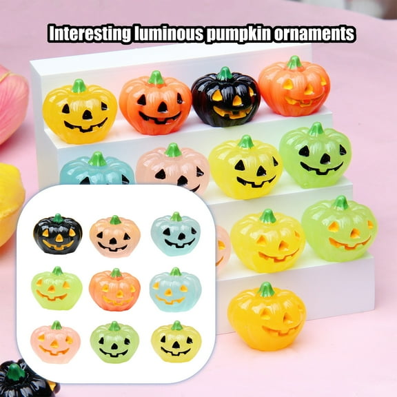 KUAZOU 11PCS Luminous Mini Resin Pumpkins Halloween Miniature Pumpkins Glow in The Dark,Fake Tiny Pumpkins Vegetables Figures Decor for Halloween Dollhouse DIY Craft Table Home Decor (Color Random)