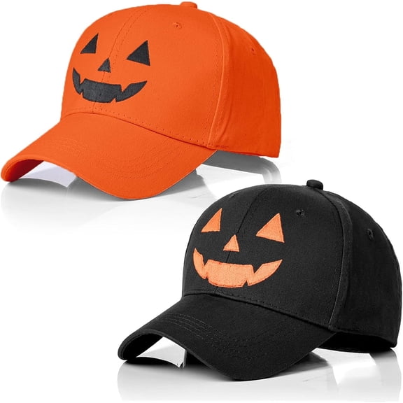 KUAZOU 2PC Halloween Unisex Baseball Hat Embroidery Baseball Cap Halloween Pumpkin Face Baseball Hat Adjustable Funny Party Hats(Orange & Black)