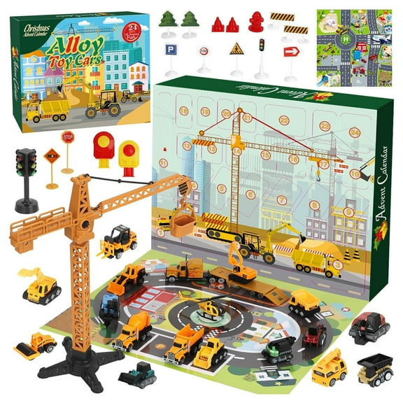 KUAZOU Car Advent Calendar,24 Days Pull-Back Cars Vehicles Christmas Construction Cars Set with Big Foldable Sandbox Molds Christmas Gifts Party Surprise Holiday Party Favor(B)