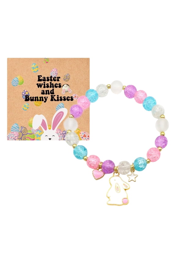 Easter Bracelets Gifts for Women,Cute Bunny Charm Stretch Bracelet with Card,Easter Colorful Bead Bracelets Basket Stuffers,Party Bunny Egg Pendant Fillers Bracelet Accessories(D)