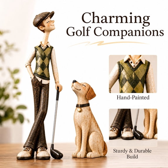 KUAZOU Golf Player with Loyal Dog Statue, Resin Decorative Sculpture for Golf Lovers, Home Desk Shelf Decor, Office, Living Room, Gift for Golfers, Hand-Painted Detail, Rustic Home Accent