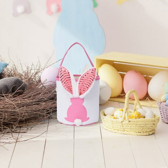 KUAZOU Personalized Easter Basket,Earmouse Easter Bunny Baskets with Lights for Boys and Girls,Large Kids Easter Bucket Tote for Spring Egg Hunts Party Storage-Pink