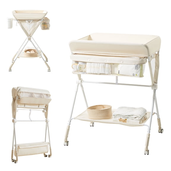 KUB Foldable Diaper Changing Table for Baby with Wheels, 3-Level Adjustable Height, Oatmeal