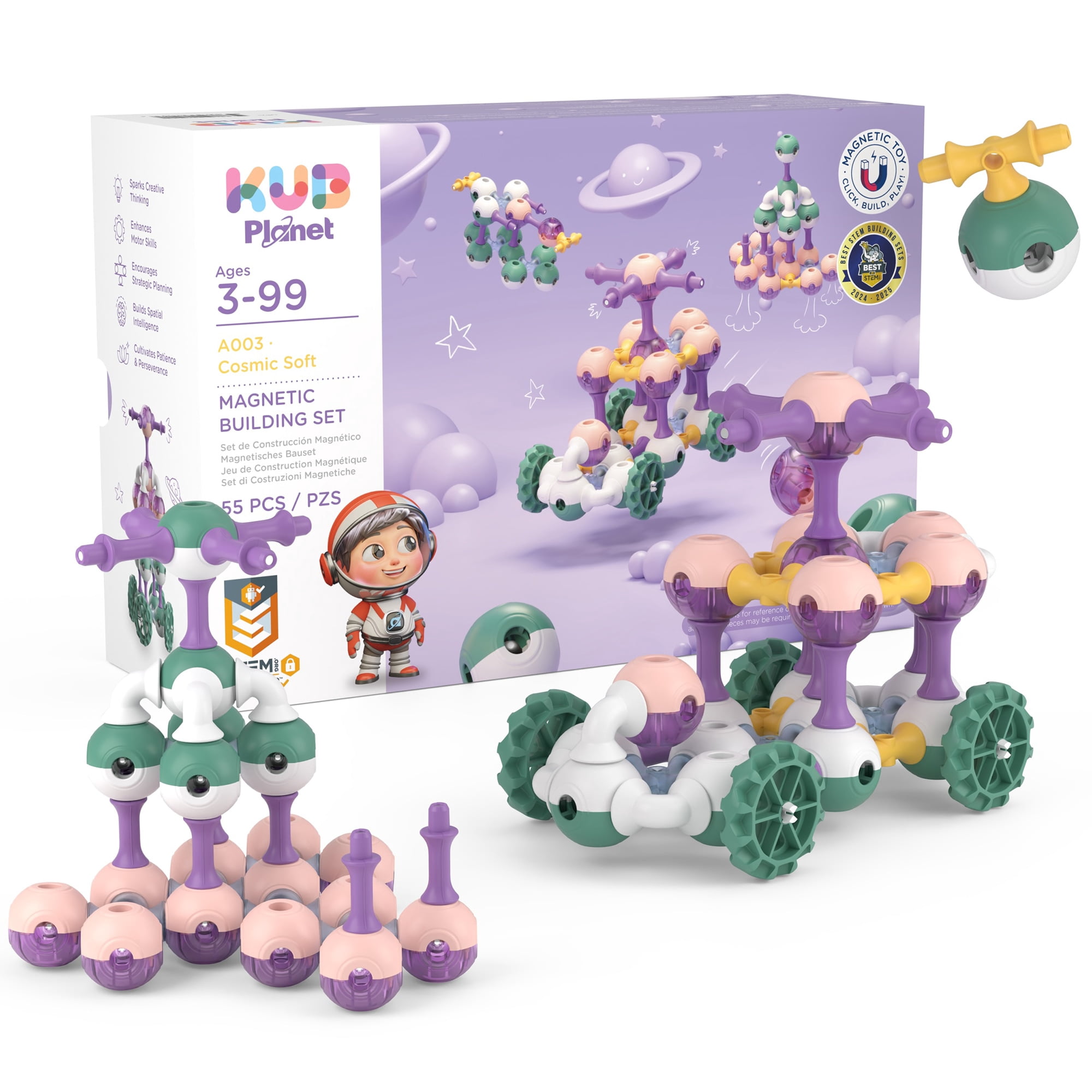 KUB Planet: Magnetic Building Set - Cosmic Soft - 55pc Space Color Construction Blocks, Click-Build-Play, STEM Educational Stacking Toy, Kids 3+
