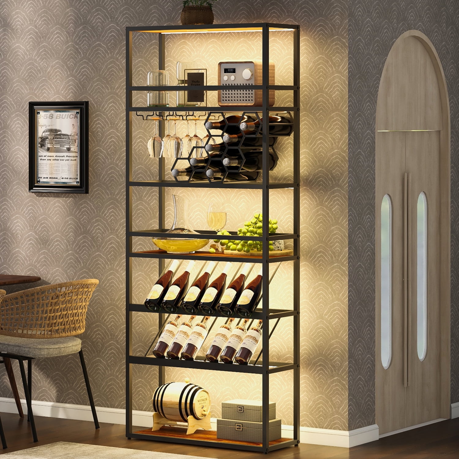 KUBEAUTY Contemporary LED Black Honeycomb Wine Rack with Glass Rack ...
