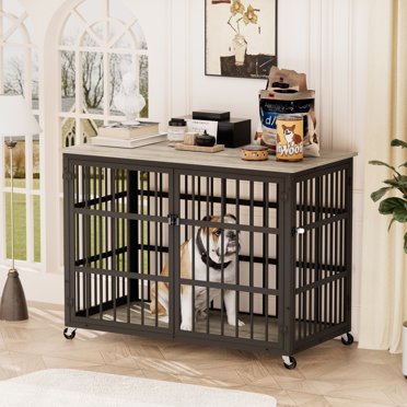 View of Hzuaneri Furniture Style Dog Crate, Dog Kennels, Rustic Brown and Black ...