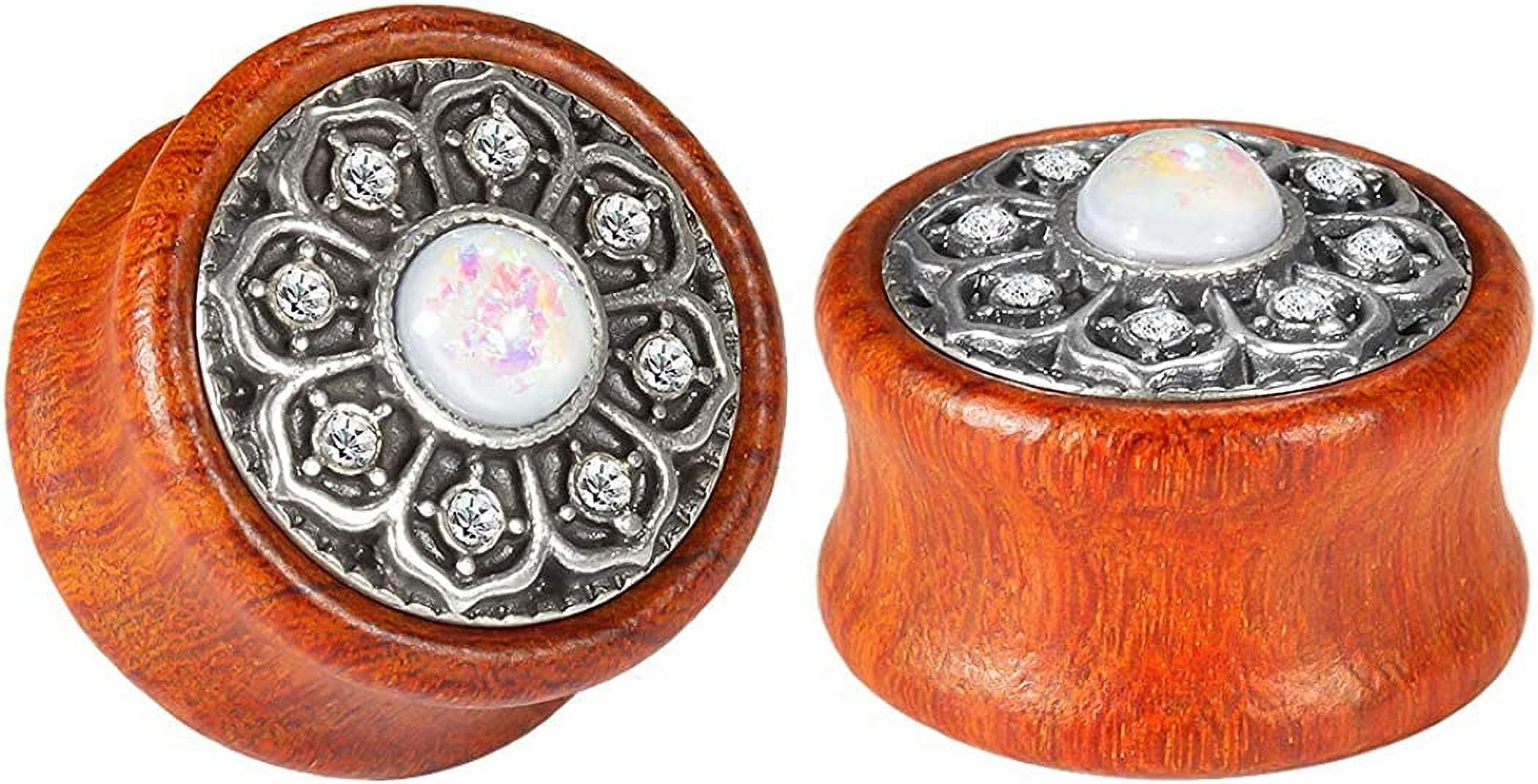 KUBOOZ 1 Pair Vintage Wood Opal Center Flower Ear Plugs Tunnels