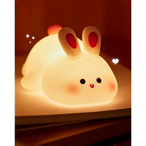 KUCASI Big Face Rabbit Night Light, Cute Bunny Gifts, Silicone Squishy Rabbit Lamp, Rechargeable Dimmable Animal Nightlight, Baby Night Light for Nursery Breastfeeding Bedroom Living Room
