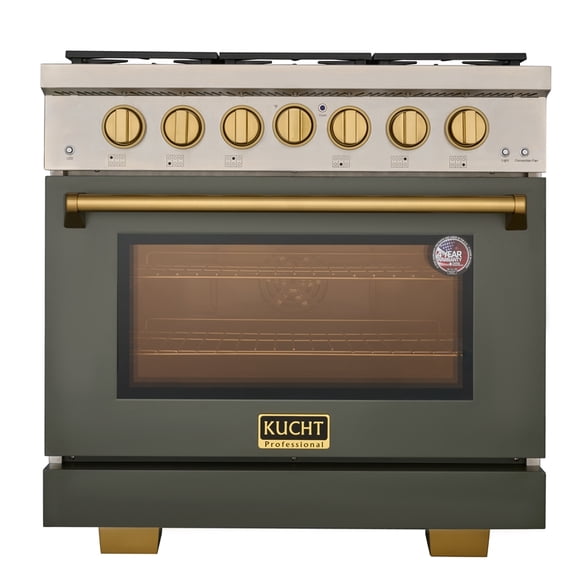 KUCHT Professional 36 in Natural Gas Range in Olive Green with gold knobs