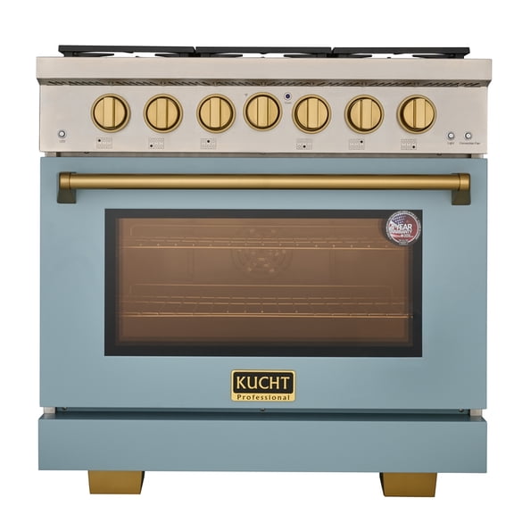 KUCHT Professional 36 in Propane Gas Range in Light Blue with gold knobs