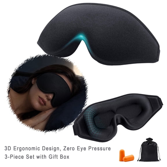 KUEON 3D Sleep Eye Mask Set, Ergonomic Blackout Blindfold with Pouch & Earplugs for Travel, Nap, Home, Gift, Black