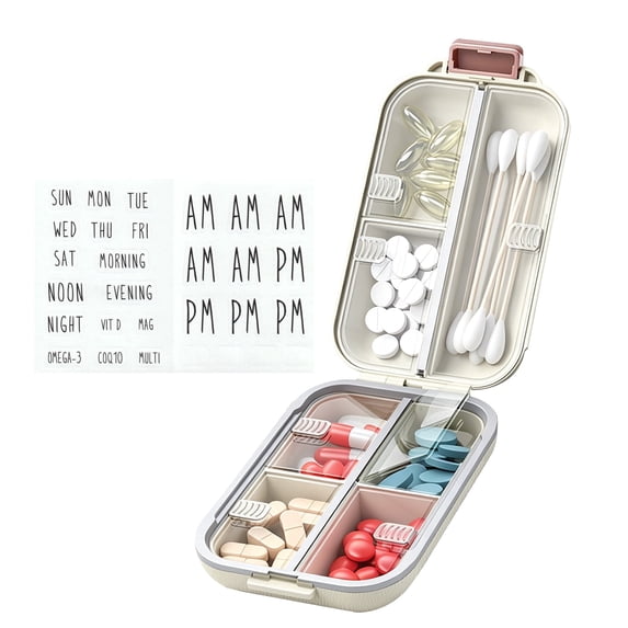 KUEON Daily Use Pill Organizer with Labels, Pill Box Easy to Open 7 Compartments, Portable Travel Pill Case White(large)
