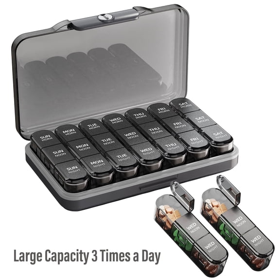 KUEON Weekly Pill Organizer 3 Times a Day, 7 Day Detachable Pill Box (Black)
