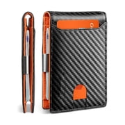 KUEON Slim Wallet for Men, Genuine Leather RFID Blocking with Money Clip, 4x3x0.6 in, Daily Carry & Travel, Gift for Him, Carbon Black&Orange