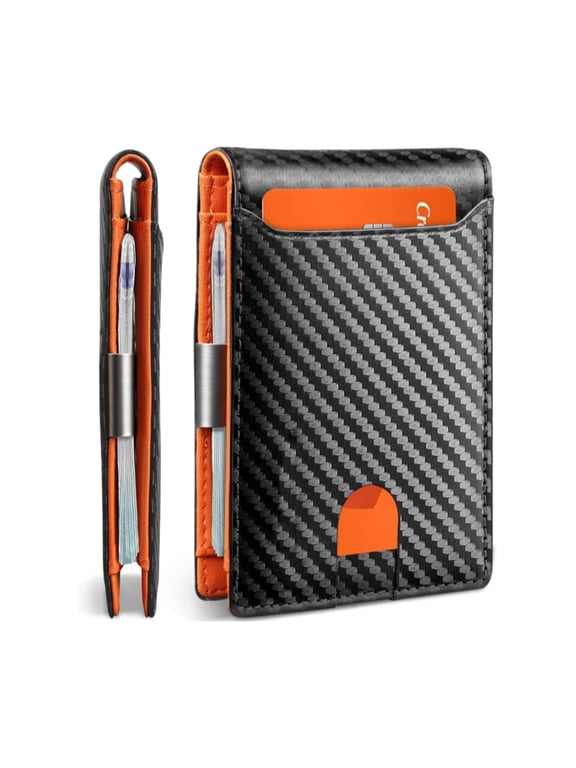 Slim Wallet for Men, Genuine Leather RFID Blocking with Money Clip, 4x3x0.6 in, Daily Carry & Travel, Gift for Him, Carbon Black&Orange