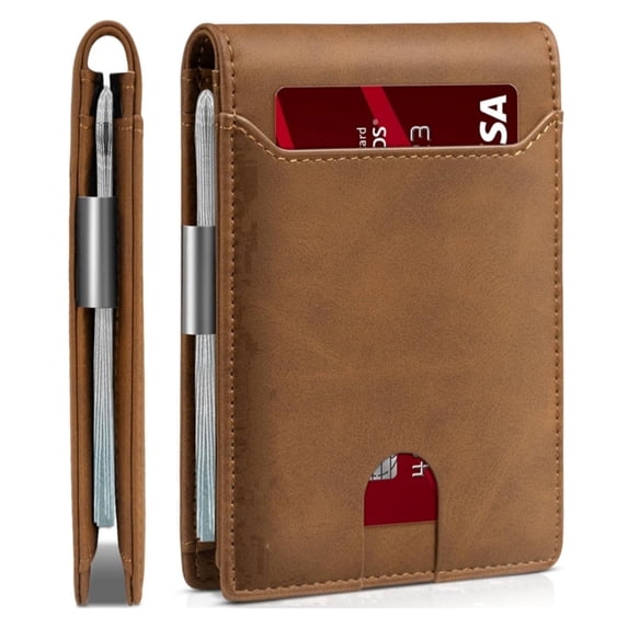 KUEON Slim Wallet for Men, Genuine Leather RFID Blocking Card Holder with Money Clip, 4x3x0.6 in,Brown