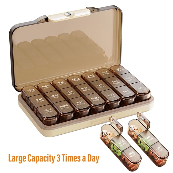 KUEON Weekly Pill Organizer 3 Times a Day, 7 Day Detachable Pill Box (Brown)