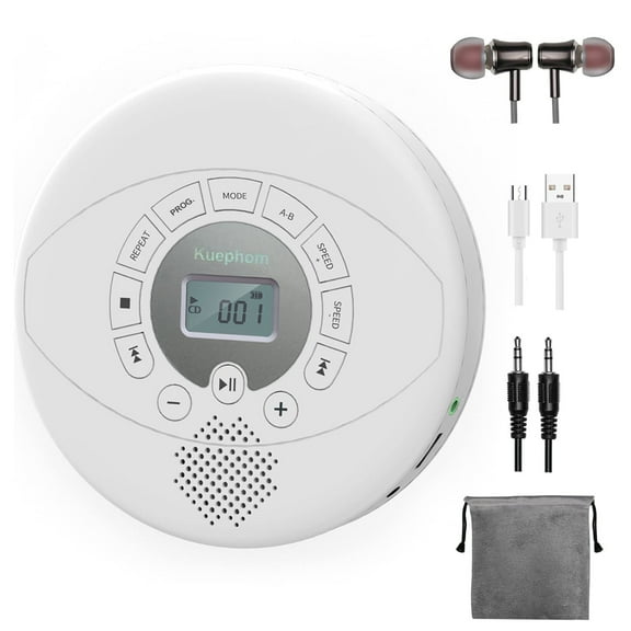 KUEPHOM CD Player Portable,Rechargeable Walkman CD Player with Speaker,Portable CD Player with Headphones,CD-R,MP3 USB Playable,Anti Skip CD Playing for Car,Suitable for Personal or Multi-Users,White