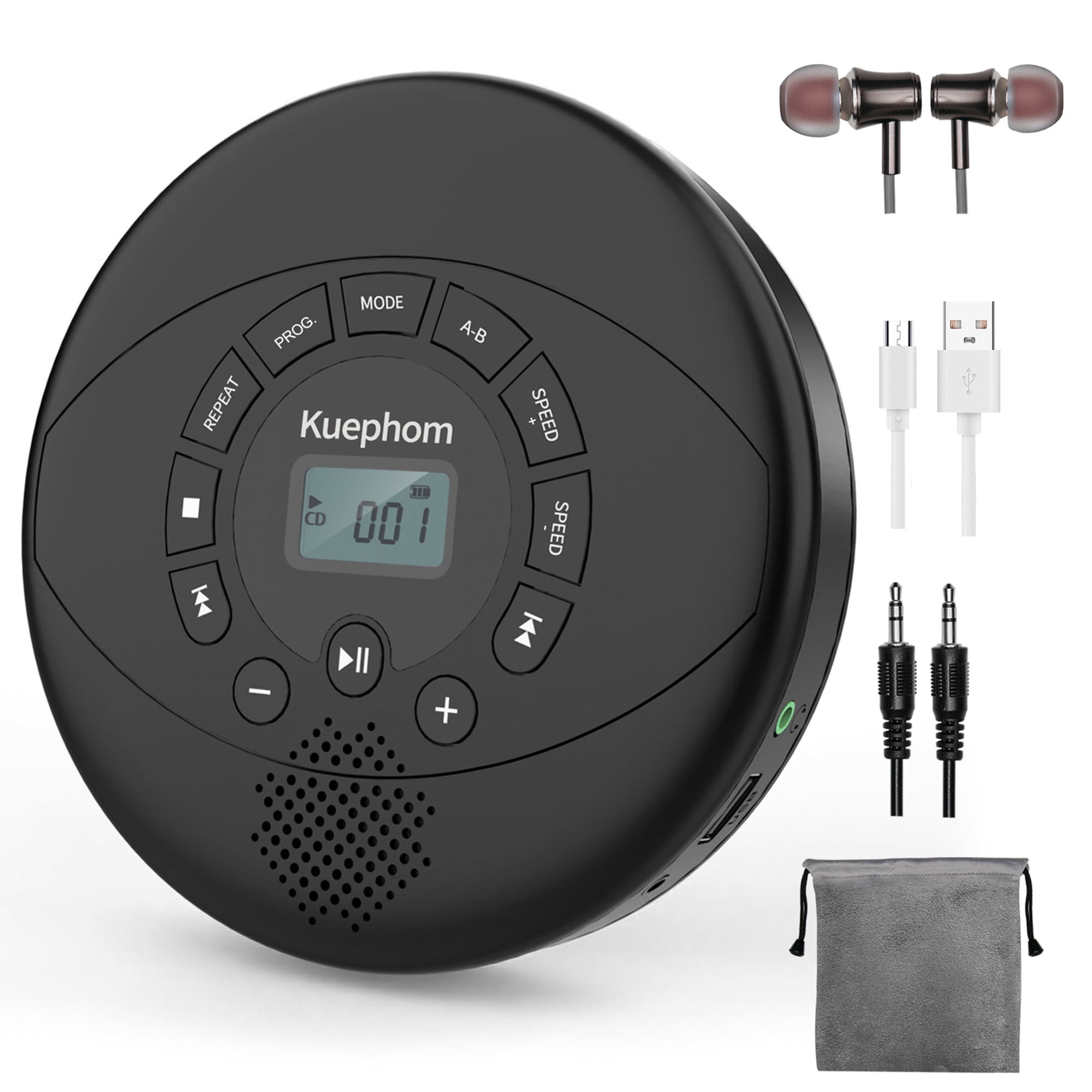 KUEPHOM Portable CD Player Speaker,Rechargeable Discman,CD Walkman Support MP3,USB,Earbud,Anti Skip.