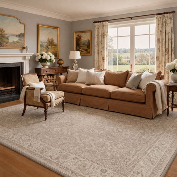 KUETH 10X14 Machine Washable Area Rug, Low Pile Non-Slip Backing Carpet for Large Living Room and Bedroom, Pet-Friendly Vintage Floral Medallion Rug, Beige