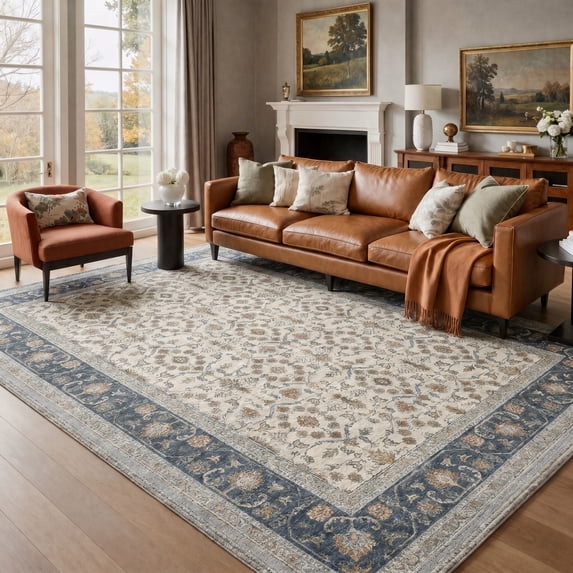KUETH 10X14 Machine Washable Area Rug, Low Pile Non-Slip Backing Carpet for Large Living Room and Bedroom, Pet-Friendly Vintage Floral Medallion Rug, Blue