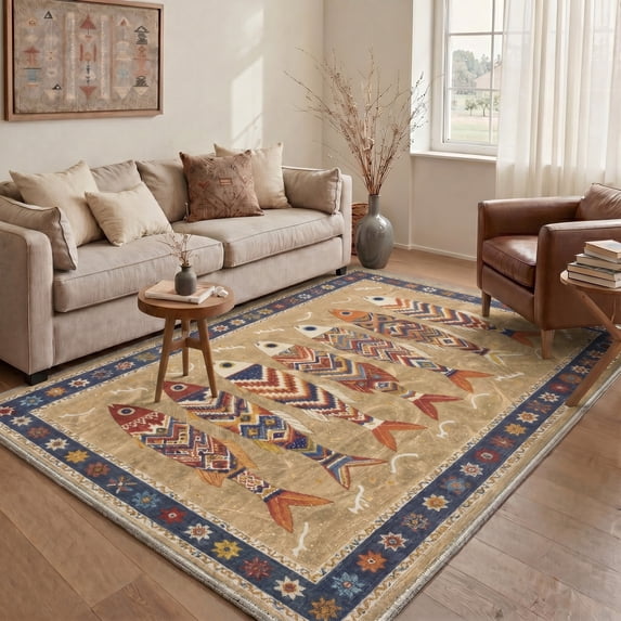 KUETH 10x14 Washable Area Rug, Non Slip Flat Pile Fish Pattern Rug for Living Room Bedroom Dining Room, Pet Friendly