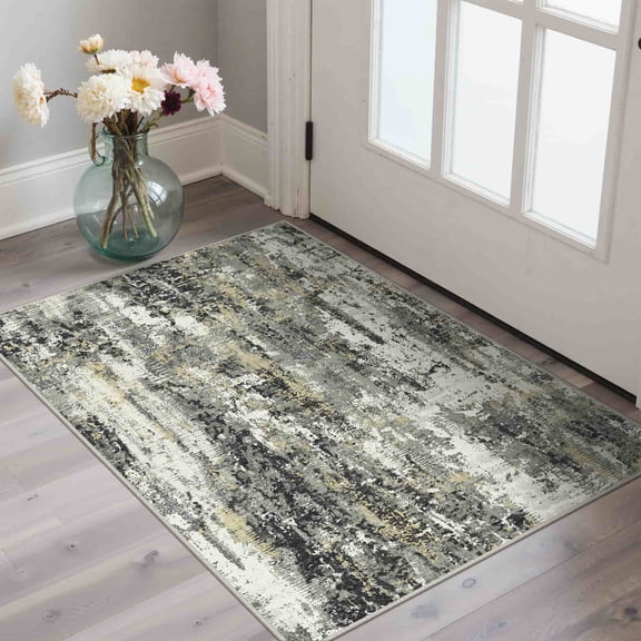 KUETH 2×3 Area Rug Washable for Living Room, Large Black Print Pattern Modern Abstract Soft Non Slip Low Pile Indoor Rug, Bedroom, Dinning Room
