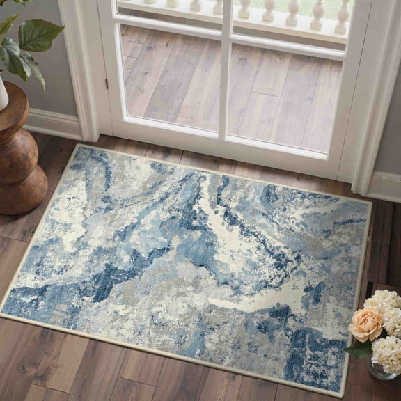KUETH 2×3 Area Rug Washable for Living Room, Large Blue Print Pattern Modern Abstract Soft Non Slip Low Pile Indoor Rug, Bedroom, Dinning Room