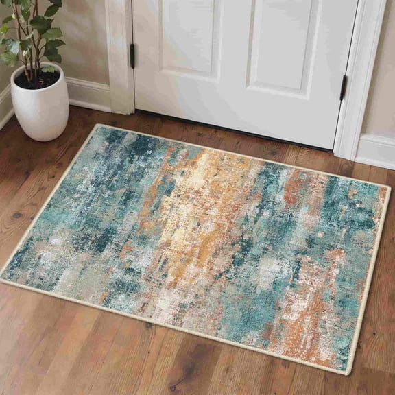 KUETH 2×3 Area Rug Washable for Living Room, Large Teal Blue Print Pattern Modern Abstract Soft Non Slip Low Pile Indoor Rug, Bedroom, Dinning Room