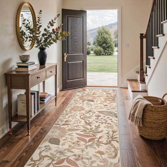 KUETH 2.5X10 Vintage Floral Runner Rug Machine Washable Rugs for Living Room, Non Slip Flat Pile Rug with Rubber Backing, Boho Rug for Entryway Hallway Kitchen and Corridor