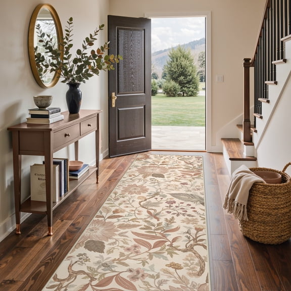 KUETH 2.5X10 Vintage Floral Runner Rug Machine Washable Rugs for Living Room, Non Slip Flat Pile Rug with Rubber Backing, Boho Rug for Entryway Hallway Kitchen and Corridor