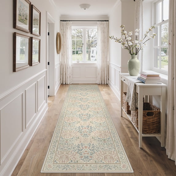 KUETH 2.5X10 Vintage Floral Runner Rug Machine Washable Rugs for Living Room, Non Slip Flat Pile Rug with Rubber Backing, Boho Rug for Entryway Hallway Kitchen and Corridor