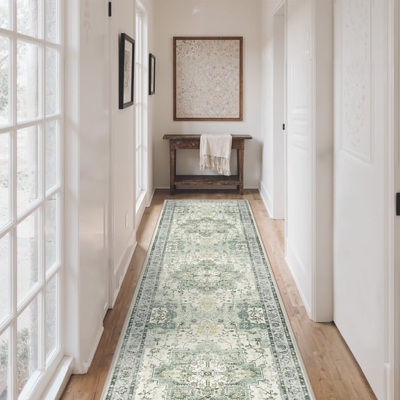 KUETH 2.5X10 Vintage Runner Rug Machine Washable Rugs for Living Room, Non Slip Flat Pile Rug with Rubber Backing, Boho Rug for Entryway Hallway Kitchen and Corridor
