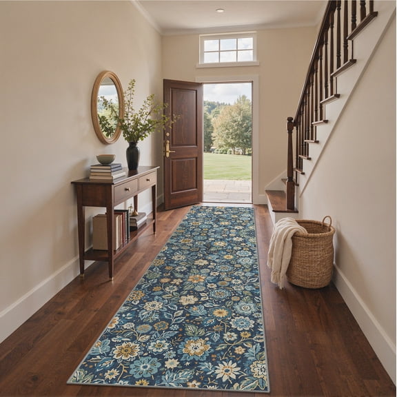 KUETH 2.5X12 Vintage Floral Runner Rug Machine Washable Rugs for Living Room, Non Slip Flat Pile Rug with Rubber Backing, Boho Rug for Entryway Hallway Kitchen and Corridor