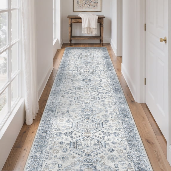 KUETH 2.5X12 Vintage Runner Rug Machine Washable Rugs for Living Room, Non Slip Flat Pile Rug with Rubber Backing, Boho Rug for Entryway Hallway Kitchen and Corridor