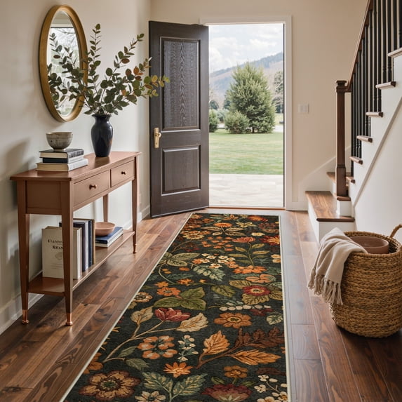 KUETH 2.5x10 Vintage Floral Runner Rugs Machine Washable Rugs for Living Room, Non Slip Flat Pile Rug with Rubber Backing, Boho Rug for Entryway Hallway Kitchen and Corridor