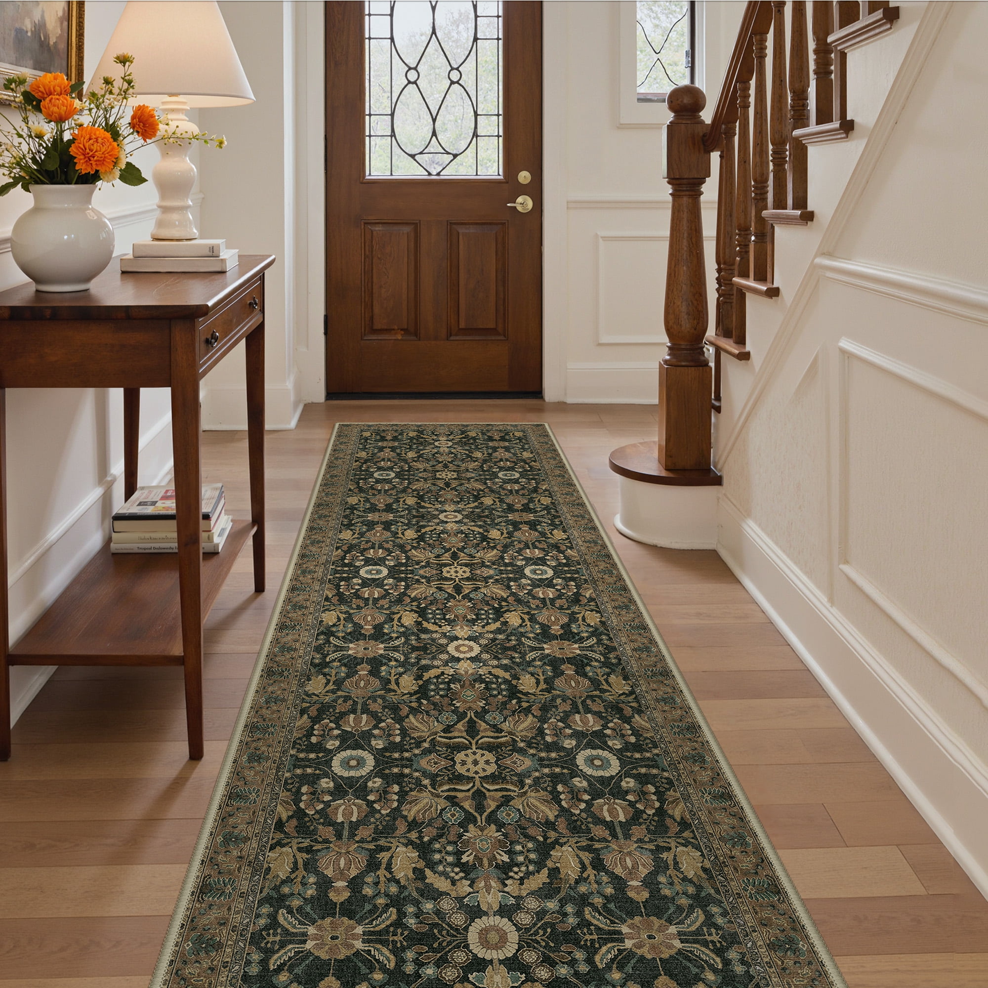 KUETH 2.5x12 Vintage Floral Runner Rug Machine Washable Rugs for Living Room, Non Slip Flat Pile Rug with Rubber Backing, Boho Rug for Entryway Hallway Kitchen and Corridor